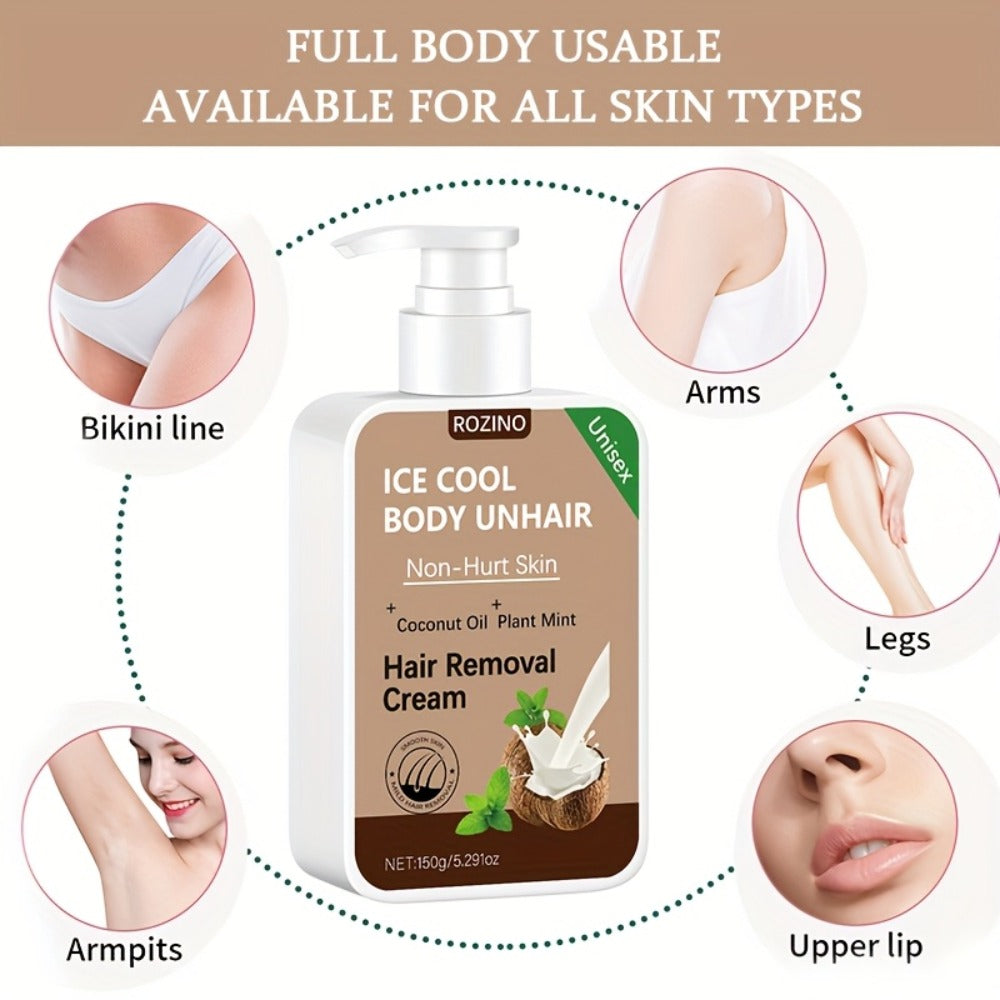 Hair Removal Cream ROZINO 150g Coconut and Mint Pump Bottle with Carton for External Body Grooming