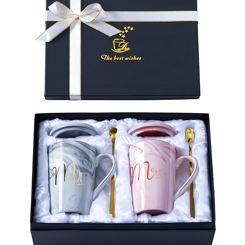 Mr and Mrs Mug Gift Set with Two 14 oz Grey and Pink Cups, Matching Spoons and Presentation Box