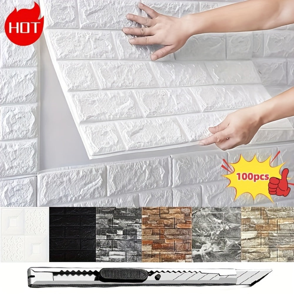 100-Piece 3D Foam Brick Wall Panel Set in Five Patterns with 13.78 x 15.16-Inch Self-Adhesive Tiles