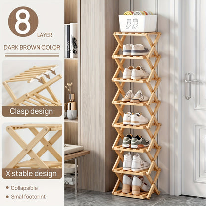 Foldable Bamboo-Labeled Shoe Rack with Six- or Eight-Tier Primary and Brown Checkout Options