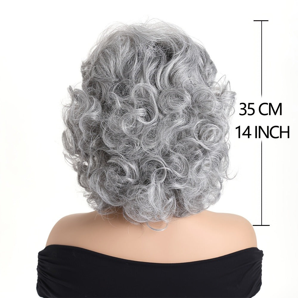 Short Curly Wig with Slanted Bangs 14 Inch Heat Resistant Synthetic Rose Net Cap Grey Mixed Dark Brown Light Brown for Women Daily Wear Halloween Festivals Cosplay
