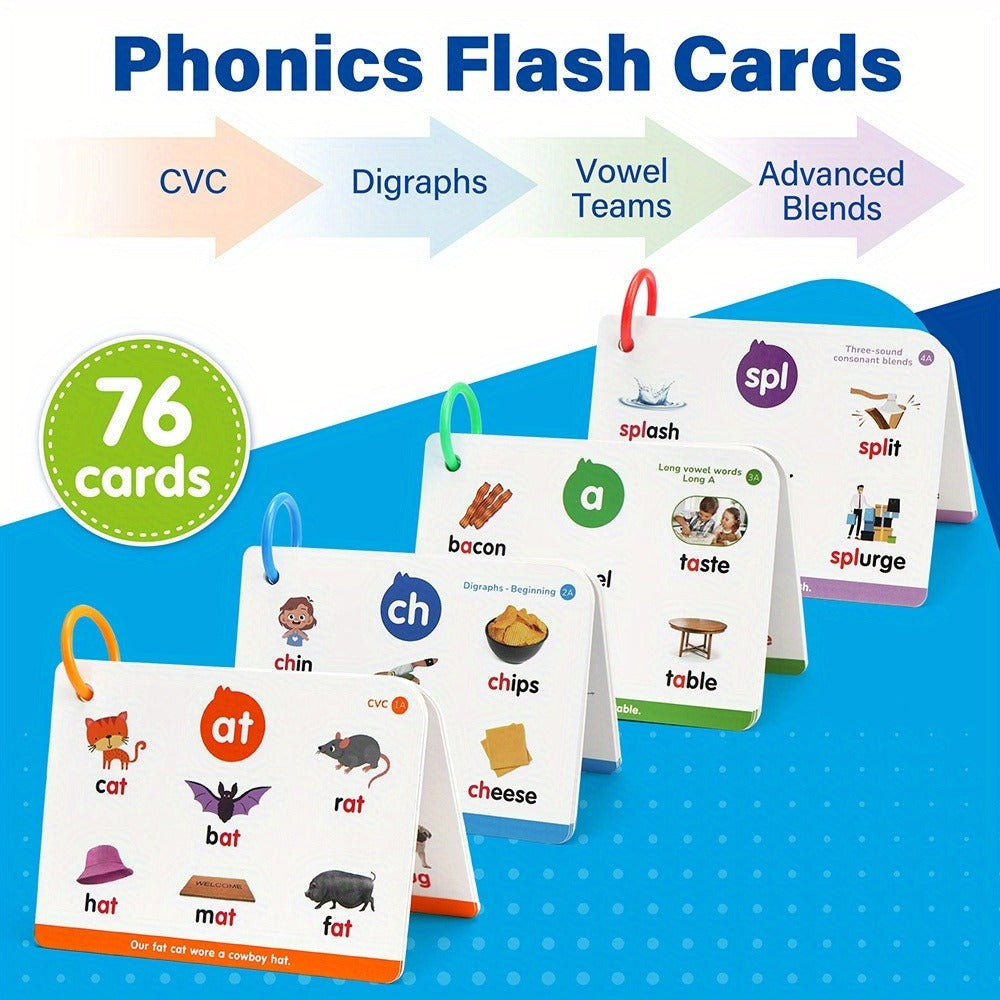 Phonics Flash Cards for Kids 76 Cards 24 Principles – CVC Digraphs Consonant Blends Long Vowels, Learn to Read Spelling Aid for Kindergarten Homeschool Classroom, Educational Gift Pre-K 1st 2nd Grade Ages 3-8