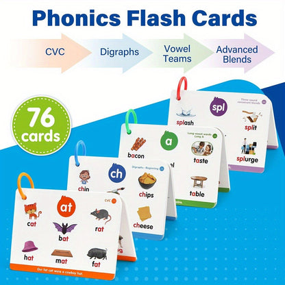 Phonics Flash Cards for Kids 76 Cards 24 Principles – CVC Digraphs Consonant Blends Long Vowels, Learn to Read Spelling Aid for Kindergarten Homeschool Classroom, Educational Gift Pre-K 1st 2nd Grade Ages 3-8