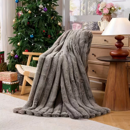 Double-Layer Faux Rabbit Fleece Blanket in Grey, Khaki or Beige with Five Sizes from Small Throw to King