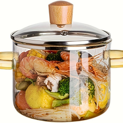 Glass Cooking Pot 54oz 1600ml Borosilicate Heat-Resistant with Lid – Transparent Dumpling & Ramen Pot for Stove & Oven | Odorless Easy-Clean Soup Milk Pot with Green or Yellow Stainless Steel Handle