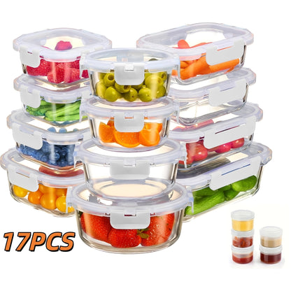 Food Storage Containers Borosilicate Glass Set with Locking Lids in 10-, 12- or 17-Piece Color Options