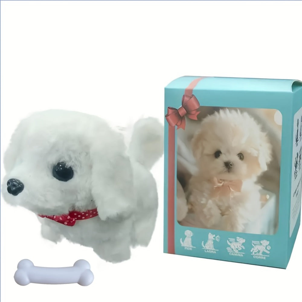 Walking Barking Robot Dog Toy for Adults Teens – Soft Plush Biomimetic Puppy with Expressive Eyes, One-Button Control, Gift Box Option | Desk & Home Companion | Brown White Red