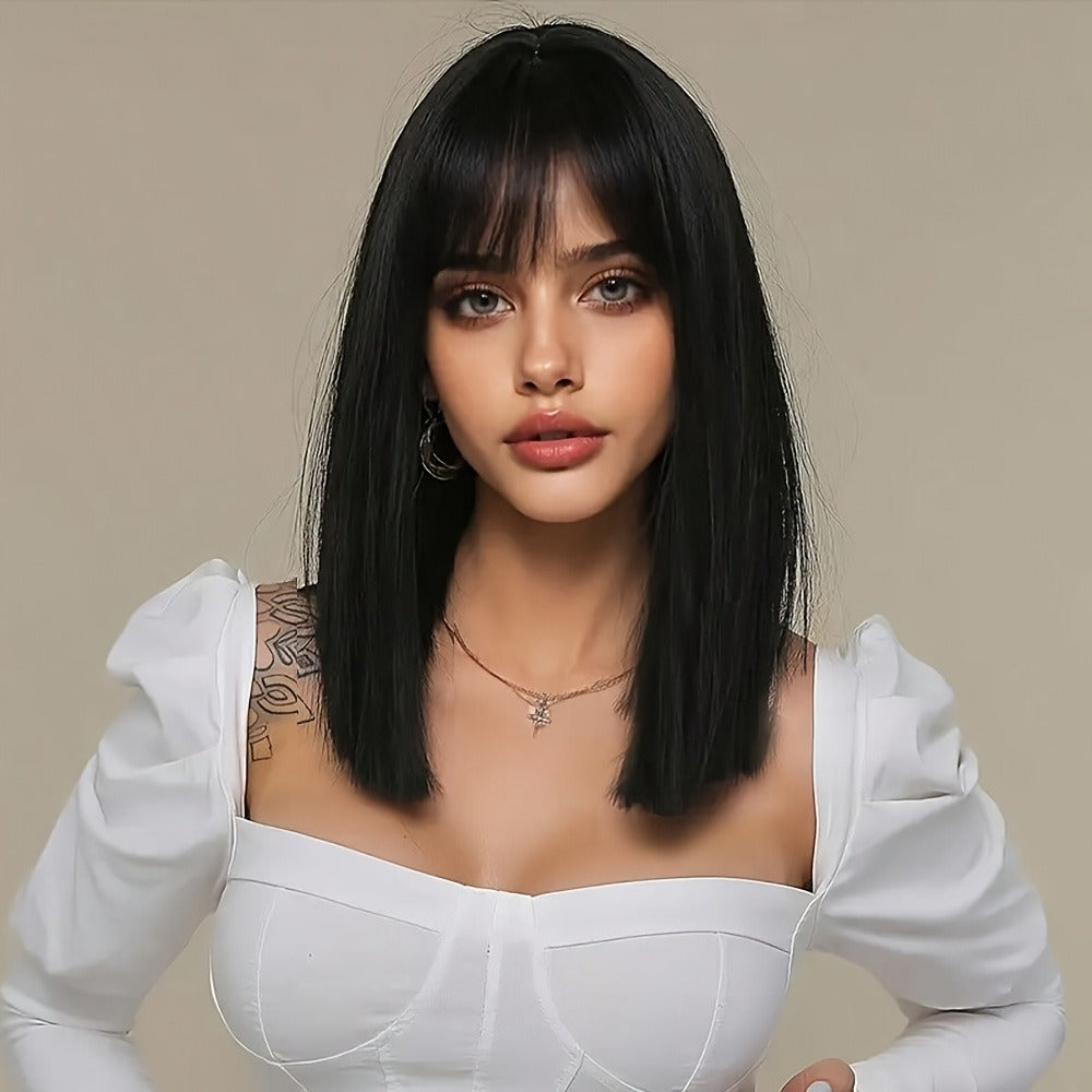 Straight Bob Wig with Bangs Heat Resistant Synthetic Hair 180% Density Blunt Cut Black Rose Net Cap Women Business Office Party Daily Wear 16 Inch