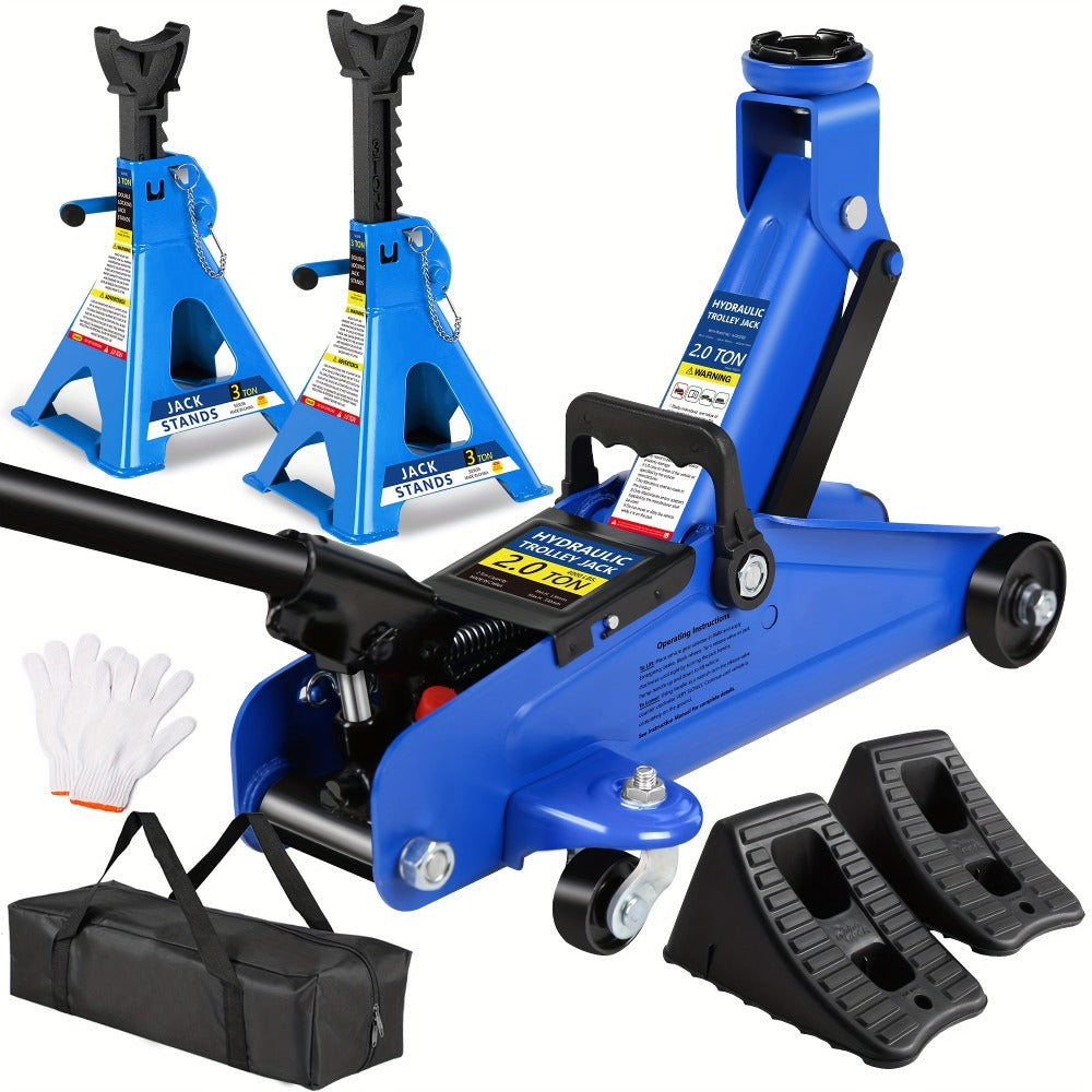 Hydraulic Floor Jack Kit 2/2.5/3 Ton Low Profile Trolley Jack with Jack Stands, Tire Repair Kit, Wheel Wrench & Wheel Chock Combo - Red/Blue