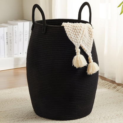 Tall Bohemian Rope Laundry Hamper with Extended Handles, Tassel Detail and Exact Black-and-Brown Option