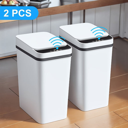 Motion Sensor Trash Can 2-Pack – 2.8 Gallon Touchless Automatic Slim Garbage Can with Auto Lid, Hands-Free Infrared Sensor Waste Basket for Bathroom Bedroom Office | White & Black