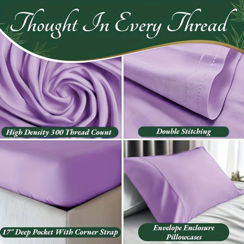 Bed Sheet Set 6-Piece Bamboo Fabric with 40–44 cm Pocket, Double-Stitched Edges and Seven Colors