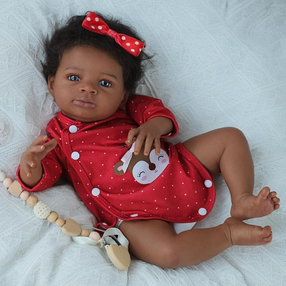 Reborn Doll, 20-Inch Cloth-Body Figure with Vinyl Limbs, Hand-Implanted Curly Hair and Gray Outfit