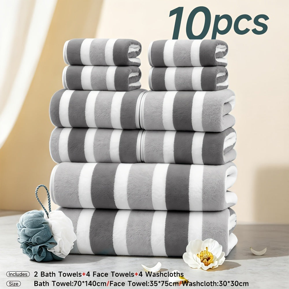 Towel Set 1, 3 or 10 Piece Polyester Striped Options with Bath, Face and Hand Towels for Home and Guest Use