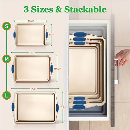 Nonstick Baking Sheet Set with Silicone Handles, Carbon Steel Cookie Sheet Pan Set in Assorted Sizes