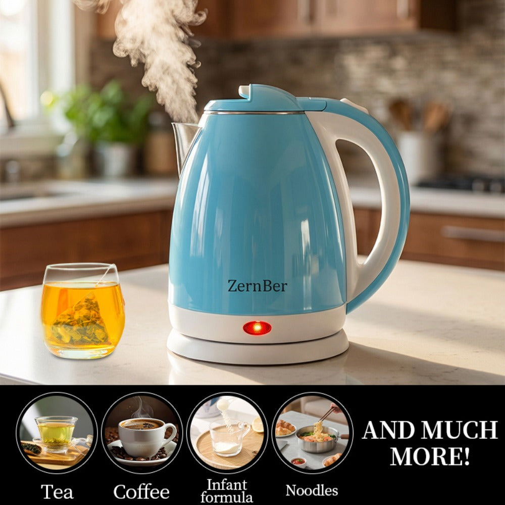 Electric Kettle by ZernBer, 60oz 1000W Stainless Steel Interior with LED Indicator and Heating Base in Blue
