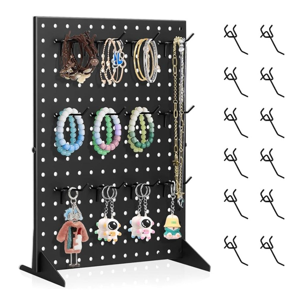Pegboard Jewelry Display Stand with Iron-Labeled Perforated Panel, Two Feet and 12 Removable Hooks
