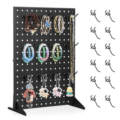 Pegboard Jewelry Display Stand with Iron-Labeled Perforated Panel, Two Feet and 12 Removable Hooks