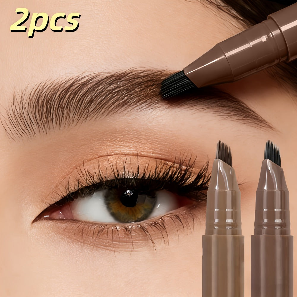 Eyebrow Pencil 2-Pack Multi-Fork Tip Waterproof — 4 Shades Natural Hair Stroke Effect Brow Pen Smudge-Proof Long-Lasting Microblading Look Hairline Filler for Sparse Brows Beginners Women