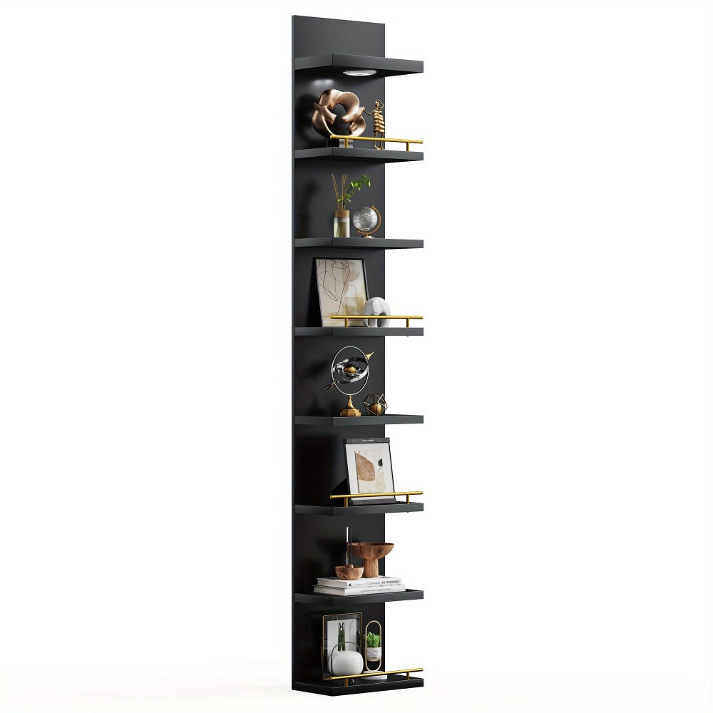 Floating Wall Shelves with LED Light - 6 & 8 Tier Wall Mounted Display Shelf Unit with Anti-Slip Rails for Bedroom, Living Room, Bathroom, Office & Dorm - Modern Space Saving Shelf (Black / White)