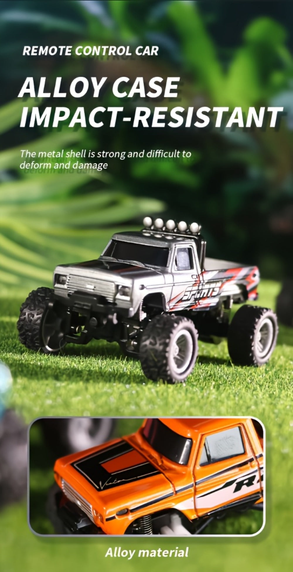 Remote Control Car, 1:64 Scale Alloy Mini Off-Road Truck with 2.4GHz Control, Shock Suspension, Running Lights and Five Colors