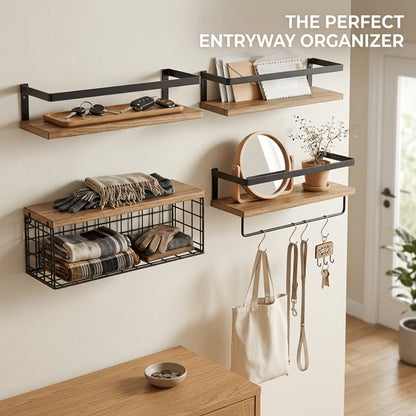 Rustic Wall-Mounted Shelf Sets in Two- or Four-Piece Configurations with Wood Platforms and Black Metal Storage Racks