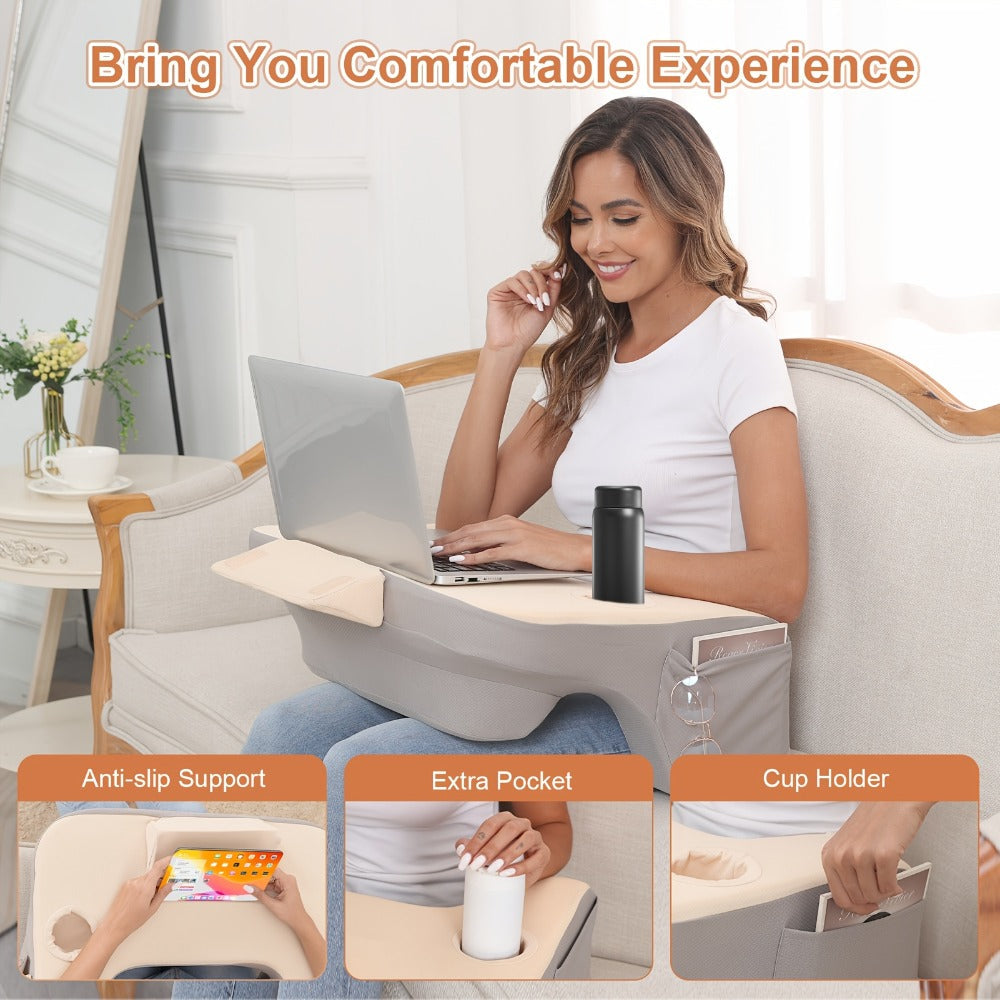 Gray Reading Lap Cushion with Armrests, Cup Holder, Side Pocket and Removable Top Pad for Bed or Sofa