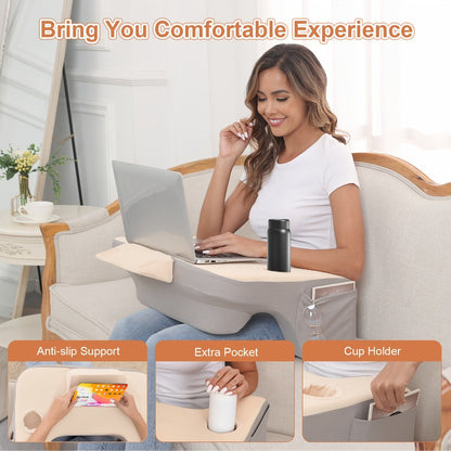 Gray Reading Lap Cushion with Armrests, Cup Holder, Side Pocket and Removable Top Pad for Bed or Sofa
