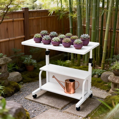 Two-Tier Mobile Garden Work Table with Wood-Look Top, Metal Frame, Storage Shelf and Locking Casters