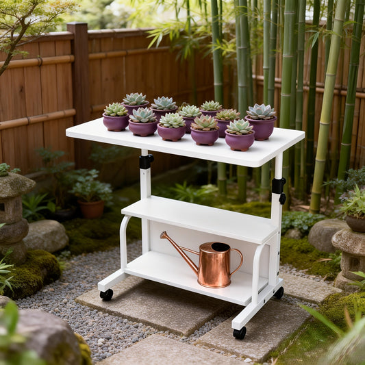 Garden Work Table 31.5" Adjustable Height Mobile Desk with Storage Shelves, Metal Frame, for Patio Outdoor Bedroom Office Potted Plant