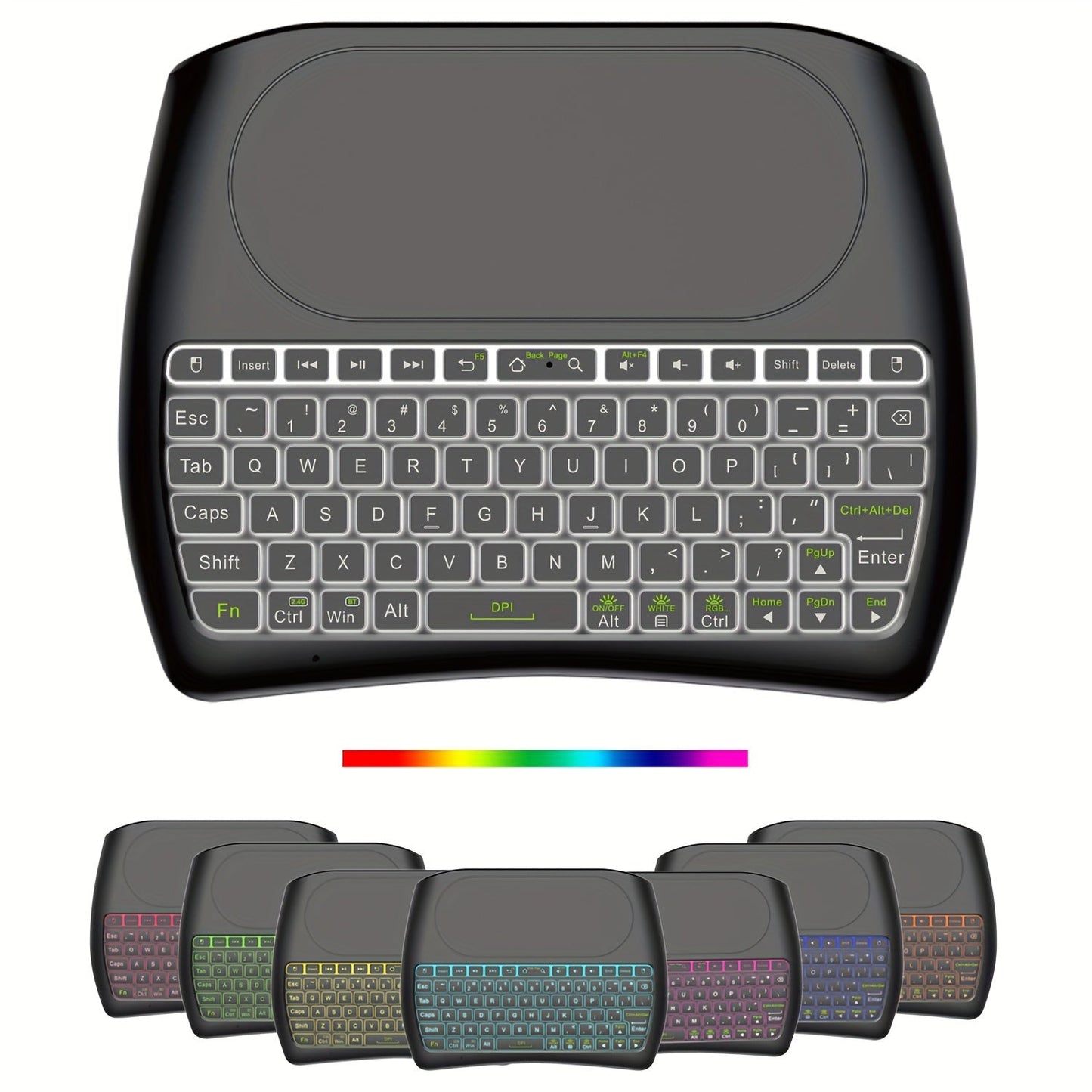 Wireless Mini Keyboard with Large Touchpad & 7-Color Backlight – Bluetooth & 2.4G Dual Mode Handheld Keyboard Remote Control, Rechargeable, USB Dongle, Plug and Play for TV Box PC Smart TV