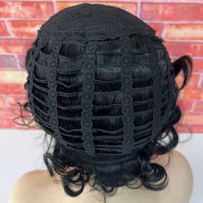 Synthetic Wig 12-Inch Loose-Curly Afro Bob with Rose Net Cap in Black, Brown or Deep Red for Holiday Styling