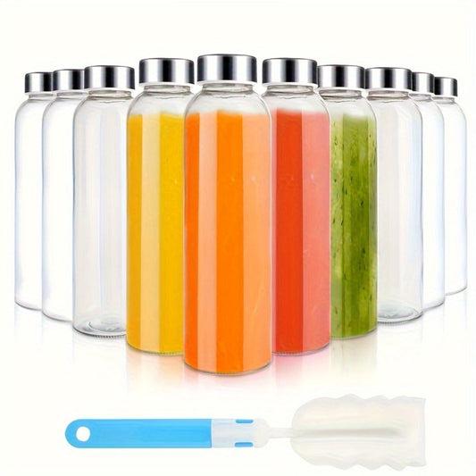 Glass Water Bottles with Lids 18oz Set of 10 Reusable Clear Glass Juice Bottles BPA Free Leak-Proof Stainless Steel Cap for Juicing Smoothie Beverage Storage