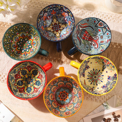 Bohemian Ceramic Coffee Mugs Set of 6 – 15 Oz Large Capacity Breakfast Mug – Microwave Safe for Hot & Cold Drinks – Unique Boho Drinkware Gift for Halloween, Thanksgiving & Christmas