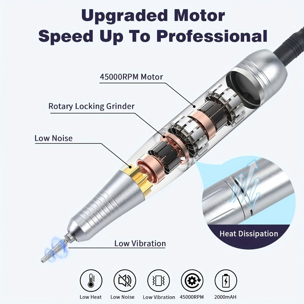 Low Noise Nail Drill Machine 45000RPM Rechargeable with LCD Display — Quiet Electric E-File for Gel Polish Acrylic Natural Nails, Professional Cordless Nail Sander for Home & Salon Manicure, White Purple Pink