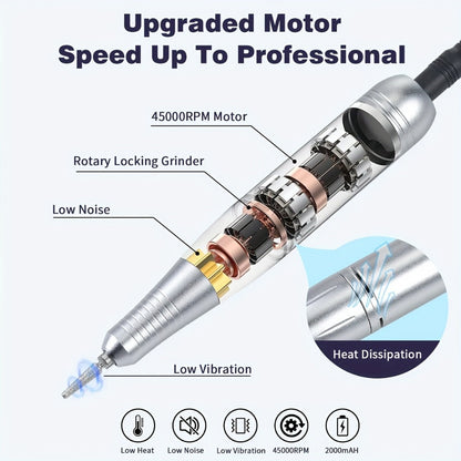 Low Noise Nail Drill Machine 45000RPM Rechargeable with LCD Display — Quiet Electric E-File for Gel Polish Acrylic Natural Nails, Professional Cordless Nail Sander for Home & Salon Manicure, White Purple Pink