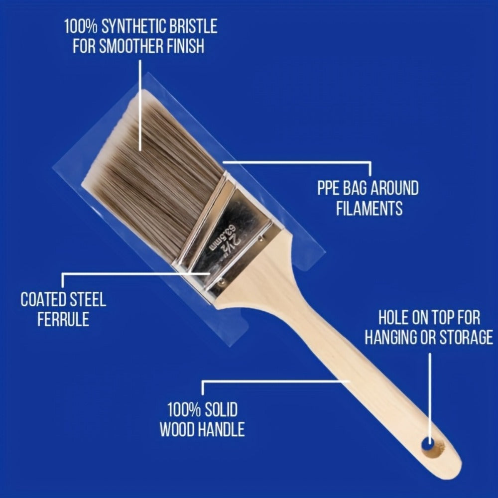 Paint Brushes Set 5 Piece Pro Grade Flat and Angle Brush Kit for Latex Oil Paint Stain Varnish Interior Exterior Wall Trim Furniture Home Improvement DIY