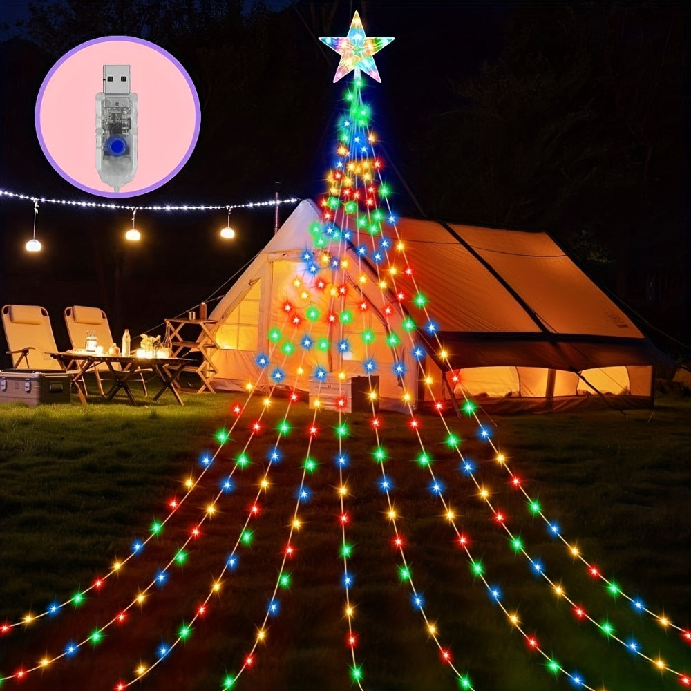 Christmas Tree Waterfall Fairy Lights 200 LED with Star Top Decoration, 8 Lighting Modes — Battery, Solar & USB Powered Indoor Outdoor Colorful Cascading Holiday Light Strip