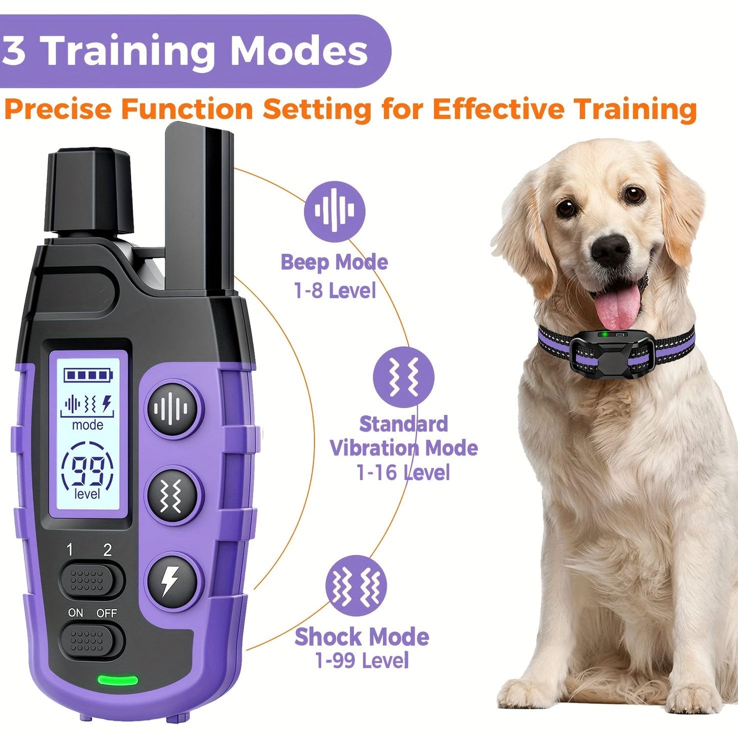 Dog Training Collar with Remote 3300ft Range – Rechargeable E-Collar with Vibration, Static & Beep Modes | Adjustable Nylon Strap for Small to Large Dogs 5–150 lbs | 1 Dog or 2 Dog Options | Purple
