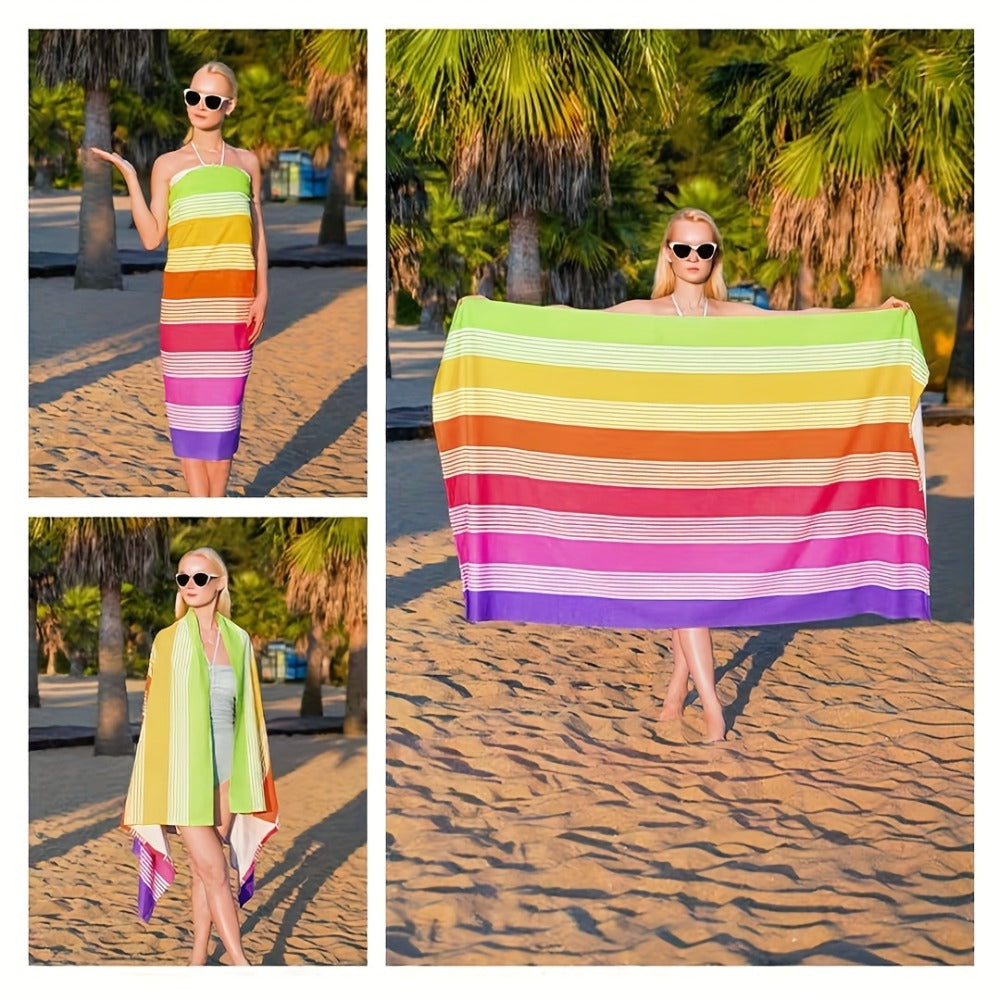 Oversized Rainbow-Striped Beach Towel, 67 x 35.4 Inches, Lightweight Design for Pool, Camping and Travel