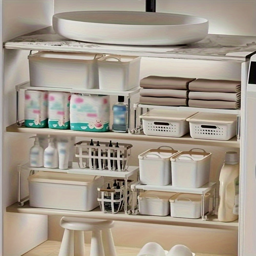 Desktop Storage Organizer Multi-Tier Expandable with Transparent Lid PP Stainless Steel Space-Saving Countertop Box for Kitchen Bathroom Cosmetics