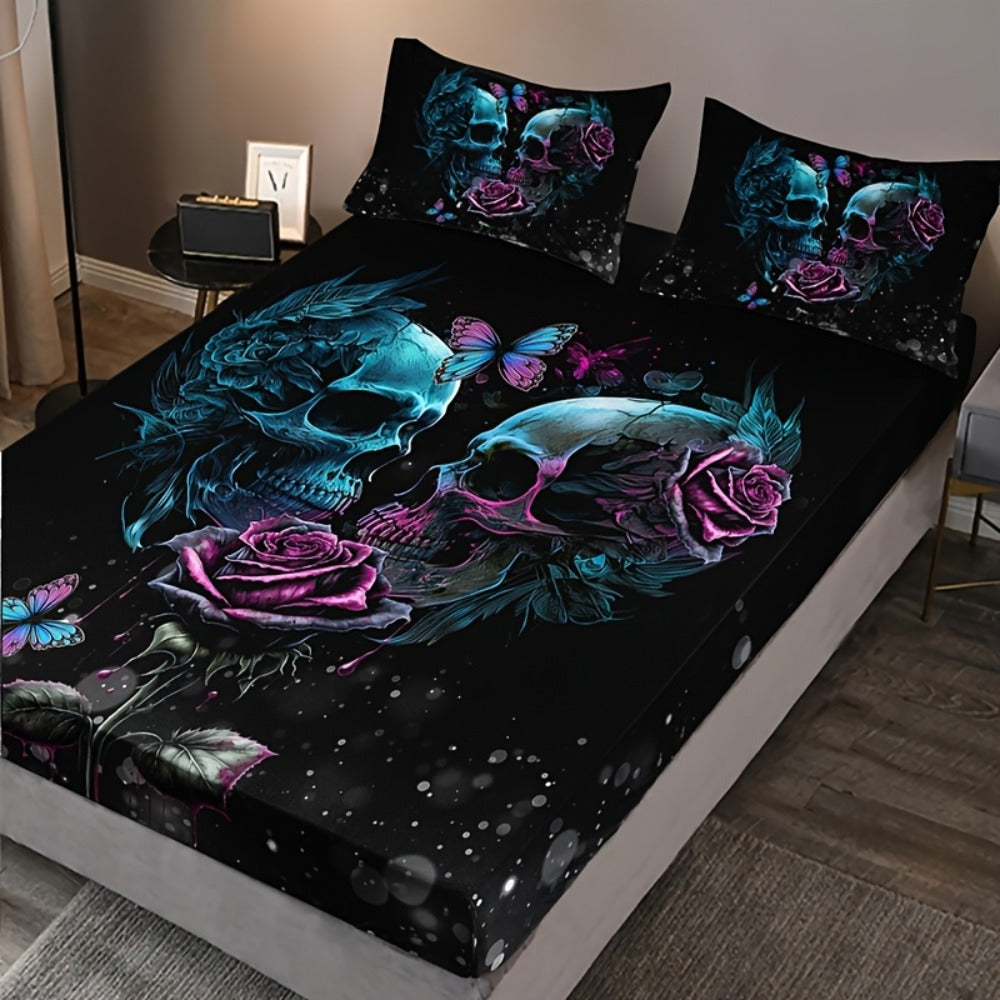 Gothic Skull Rose Fitted Sheet Set 3-Piece Halloween Bedding, HD Print Skull Flower Deep Pocket Fitted Sheet with 2 Pillowcases, Machine Washable Hypoallergenic, Twin Full Queen King, Bedroom Dorm Decor