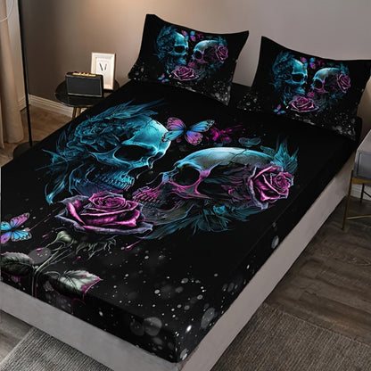Gothic Skull Rose Fitted Sheet Set 3-Piece Halloween Bedding, HD Print Skull Flower Deep Pocket Fitted Sheet with 2 Pillowcases, Machine Washable Hypoallergenic, Twin Full Queen King, Bedroom Dorm Decor