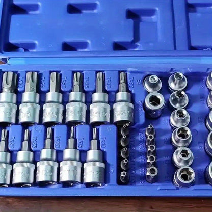Torx Star Bit Socket Set 34/46-Piece - 3/8" Drive CR-V E-Socket E4-E20, T10-T60, Tamper-Proof TT10-TT55, S2 Steel, 5/16"F to 3/8"M Adapter, Storage Case - For Car, Truck & Home Improvement