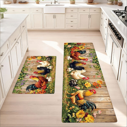 Rooster Farmhouse Kitchen Rugs in Round, Runner and 1- to 4-Piece Mat Set Size Options for Floors