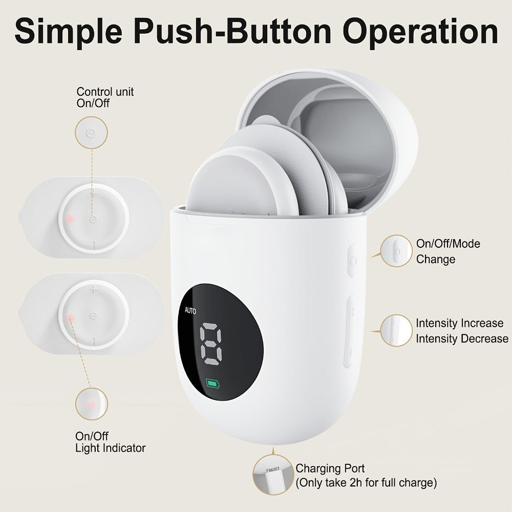 Cordless Rechargeable TENS and EMS Stimulator Set with Two Round Pads, Six Modes and Charging Case
