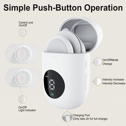 Cordless Rechargeable TENS and EMS Stimulator Set with Two Round Pads, Six Modes and Charging Case