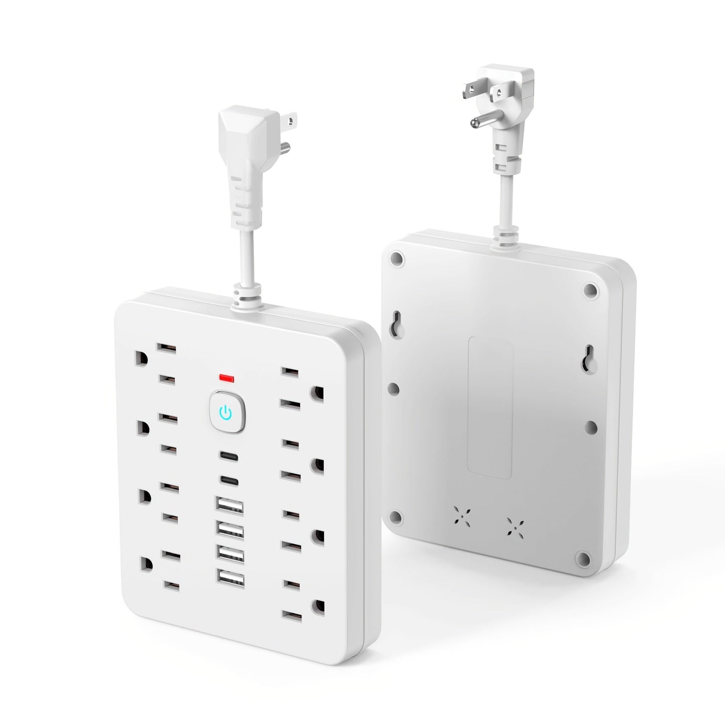 14-in-1 Power Strip with Individual Switches & Overload Protection – 8 AC Outlets, 4 USB-A & 2 USB-C Ports, Multi-Plug Wall Surge Protector for Office Home Travel, White & Black