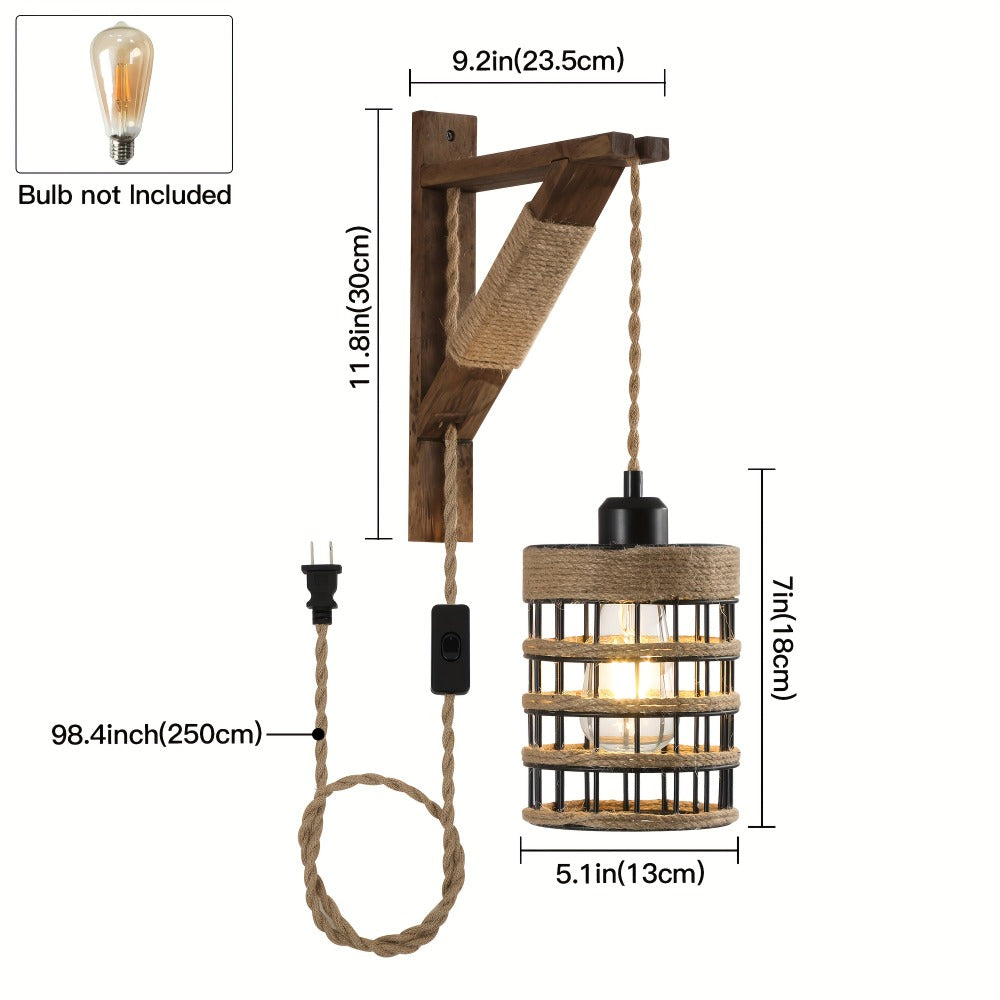 Plug-In Cage Wall Sconce with Wooden Bracket, 250 cm Cord and Single or Two-Piece Farmhouse Options