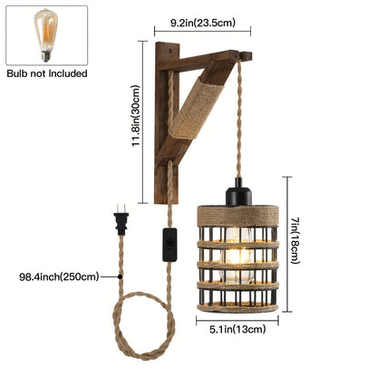 Plug-In Cage Wall Sconce with Wooden Bracket, 250 cm Cord and Single or Two-Piece Farmhouse Options